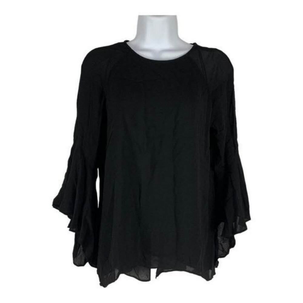 Zara Woman Black Sheer Long Sleeve Blouse With Flared Cuffs Size S
